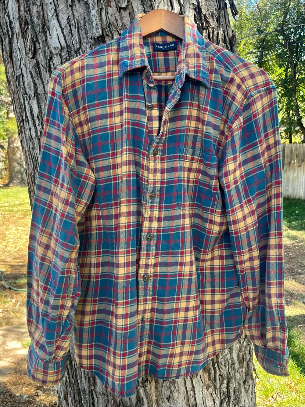 Lands' End Men's Res Yellow & Blue Fall Plaid Button-Up Flannel Shirt